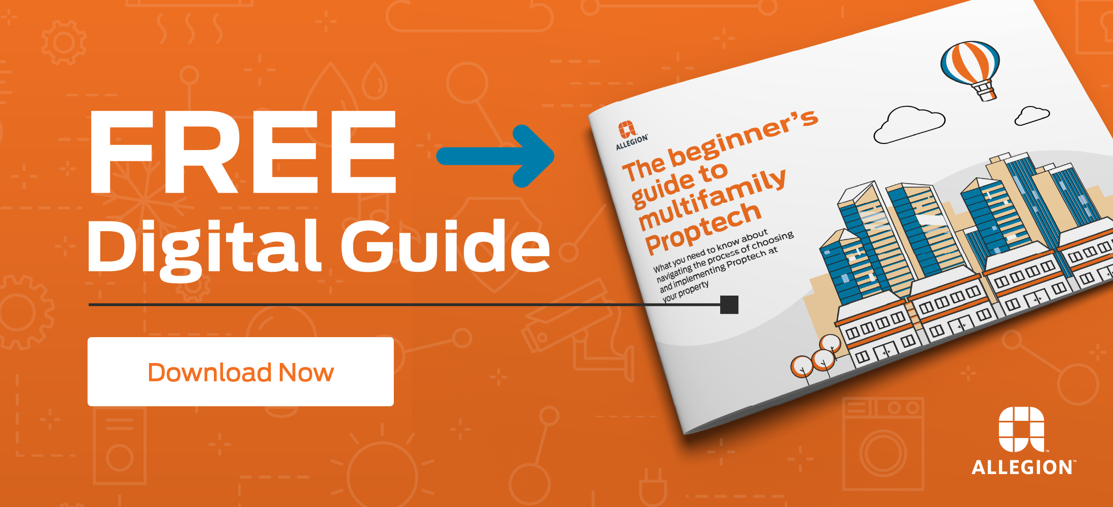 Graphic reads, "Free digital guide" and points to the cover of the Beginner's Guide to Multifamily Proptech brochure. 