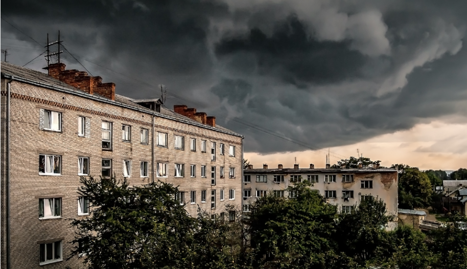 Severe weather storm outside multifamily building
